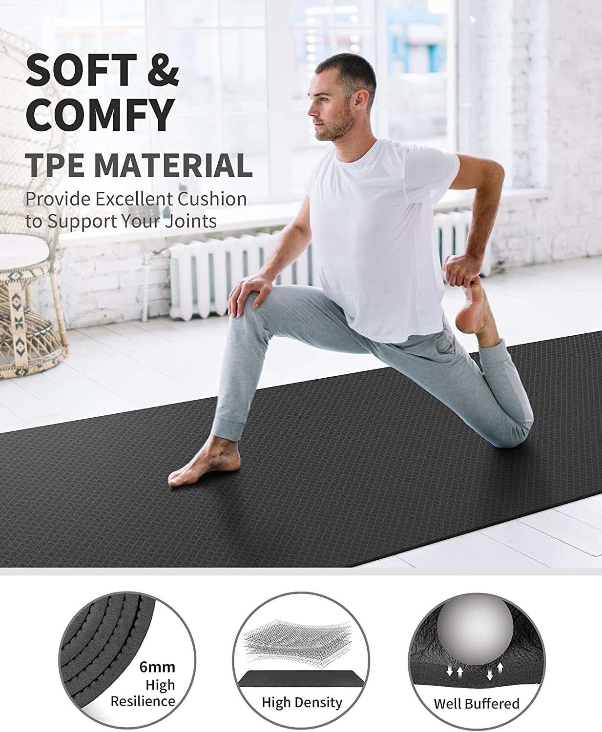 cambivo-tapis-de-yoga-antid-rapant-6mm-noir-183cm-tpe-large image 6